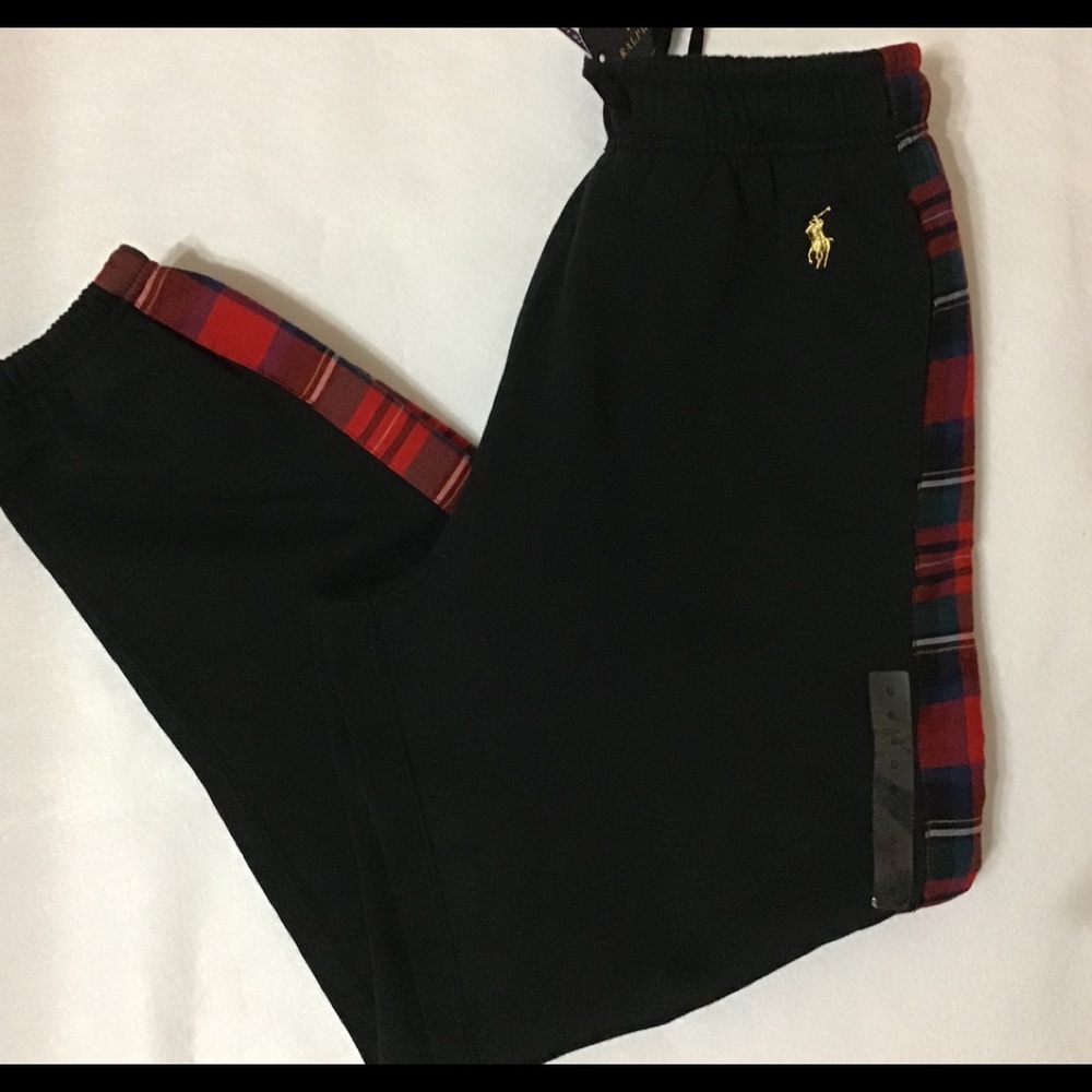 Polo by Ralph Lauren Black Track Joggers with Red Plaid Trim Size M